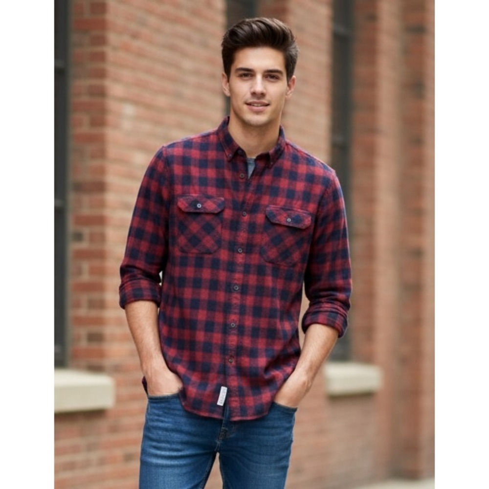 Denim & Flower Slim Fit Plaid Flannel Shirt Red & Navy Size M